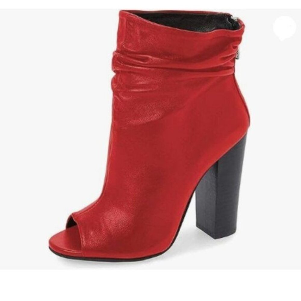 FSJ Red Peep Toe Slouch Ankle Boots Chunky Stacked Heels Shoes